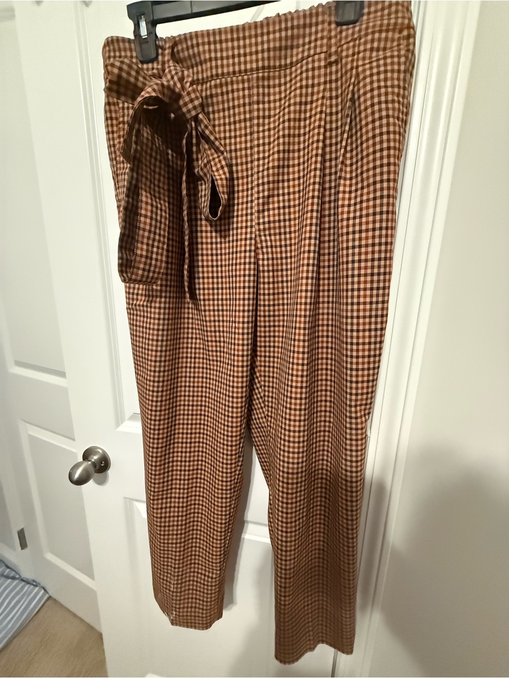 LOFT Brown Gingham Wide-Leg Paperbag Pants with Tie Waist